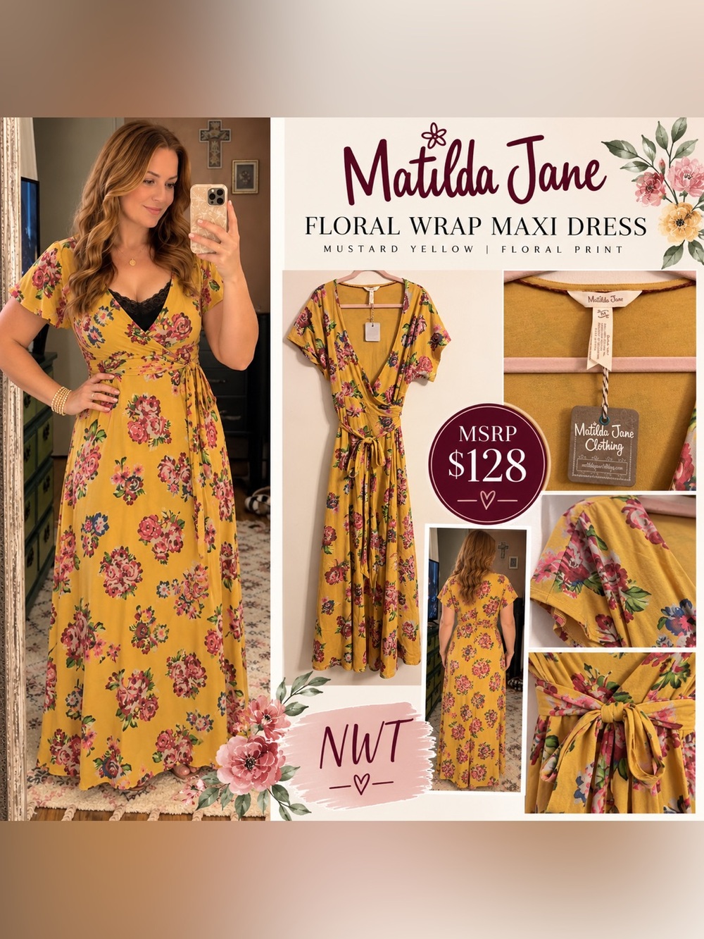 Matilda Jane Mustard Yellow Floral Wrap Maxi Dress with Pink & Green Blooms